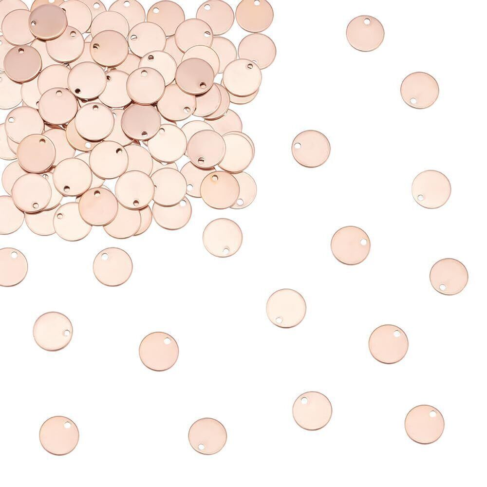 8879 100Pcs Flat Round Rose Gold Stainless Steel Blank Tag Charms, 10mm